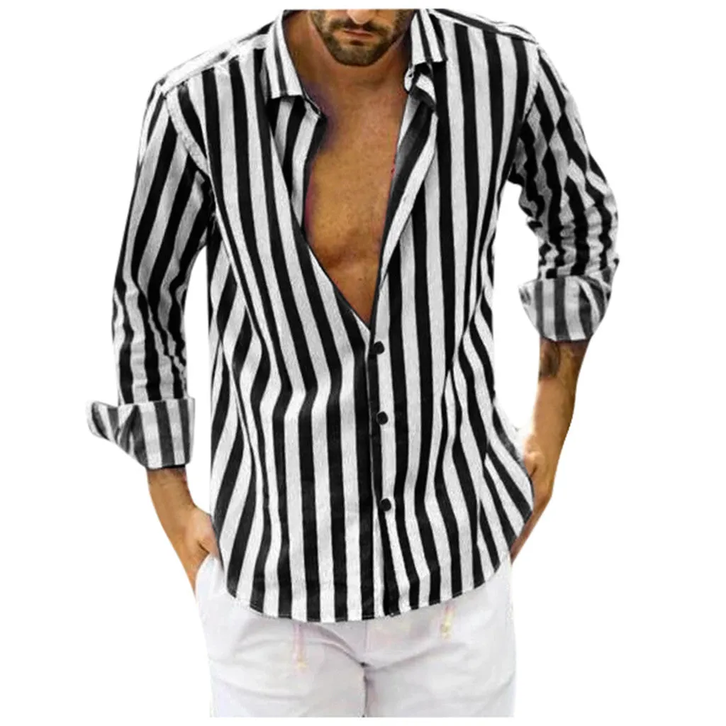 Men's long sleeve striped shirt in blue, made from hemp blend polyester with four-way stretch fabric
