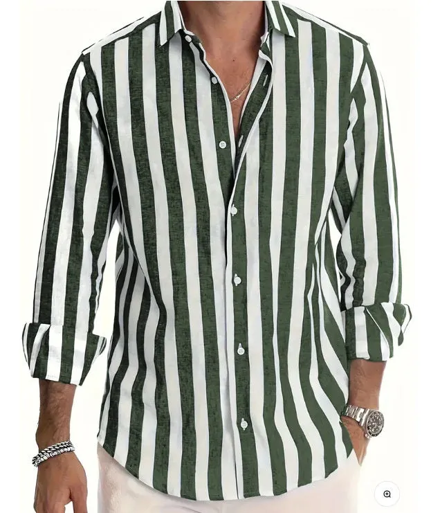 Men's long sleeve striped shirt in blue, made from hemp blend polyester with four-way stretch fabric