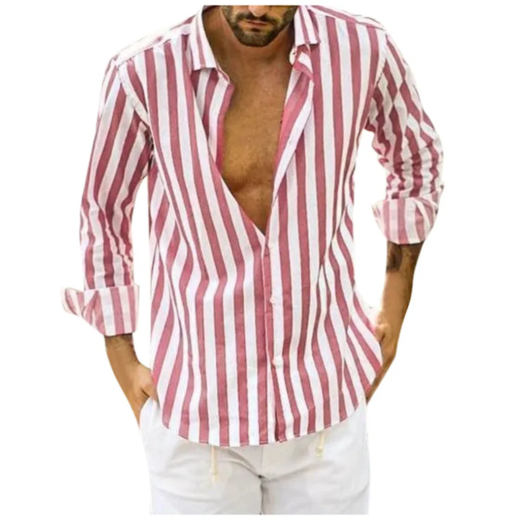 Men's long sleeve striped shirt in blue, made from hemp blend polyester with four-way stretch fabric
