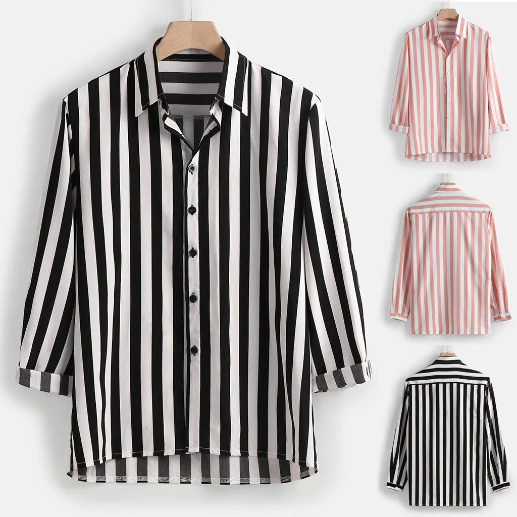 Men's long sleeve striped shirt in blue, made from hemp blend polyester with four-way stretch fabric