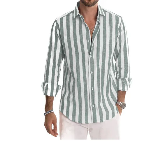Men's long sleeve striped shirt in blue, made from hemp blend polyester with four-way stretch fabric