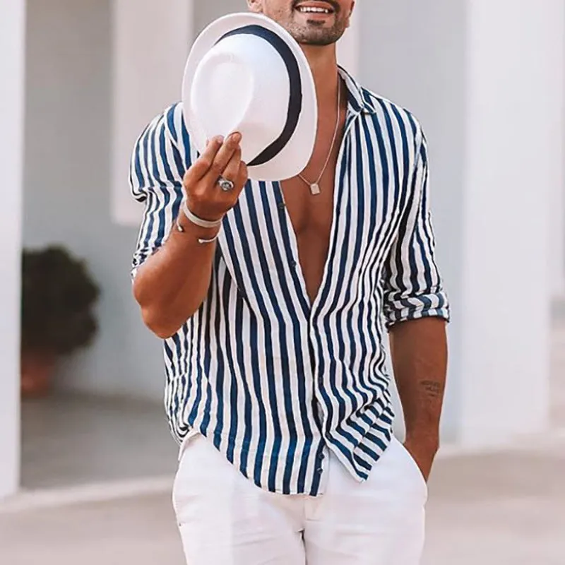 Men's long sleeve striped shirt in blue, made from hemp blend polyester with four-way stretch fabric