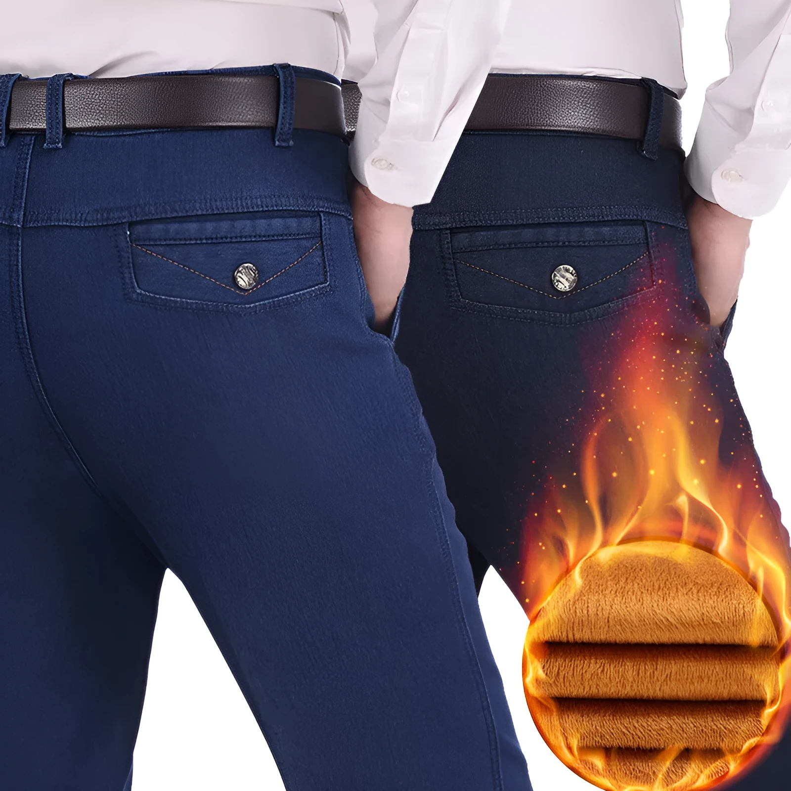 Women's velvet jeans in dark blue high-waist straight-leg cotton stretch fabric