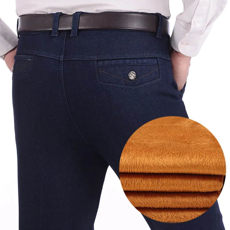 Women's velvet jeans in dark blue high-waist straight-leg cotton stretch fabric
