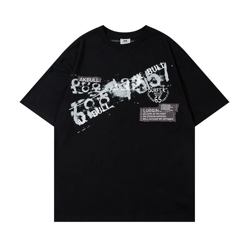 Letter affixed cloth embroidered printed short sleeve pure cotton men's t-shirt in white, front view