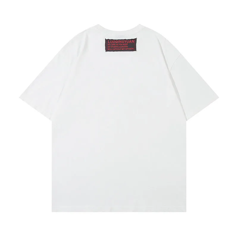 Letter affixed cloth embroidered printed short sleeve pure cotton men's t-shirt in white, front view