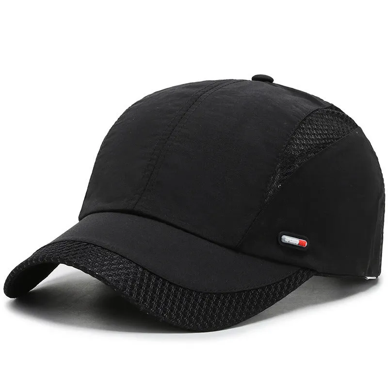Outdoor quick-dry mesh baseball cap with 6.5cm brim in black, side view