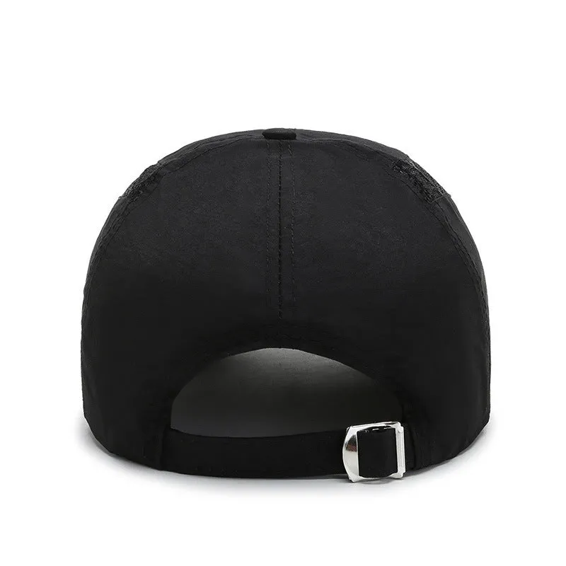 Outdoor quick-dry mesh baseball cap with 6.5cm brim in black, side view
