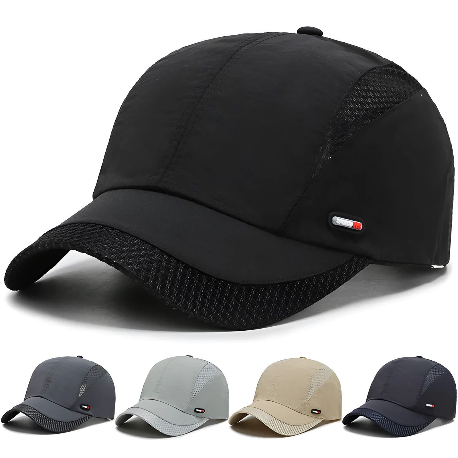 Outdoor quick-dry mesh baseball cap with 6.5cm brim in black, side view