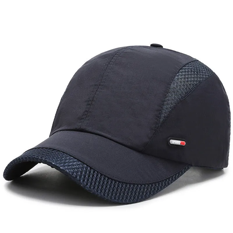 Outdoor quick-dry mesh baseball cap with 6.5cm brim in black, side view