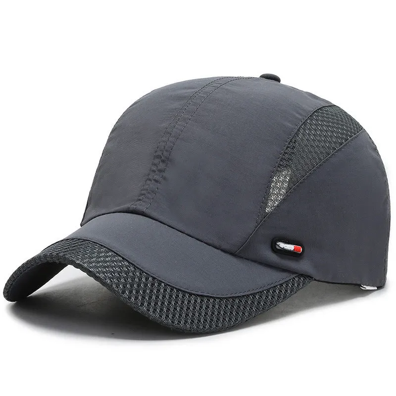 Outdoor quick-dry mesh baseball cap with 6.5cm brim in black, side view