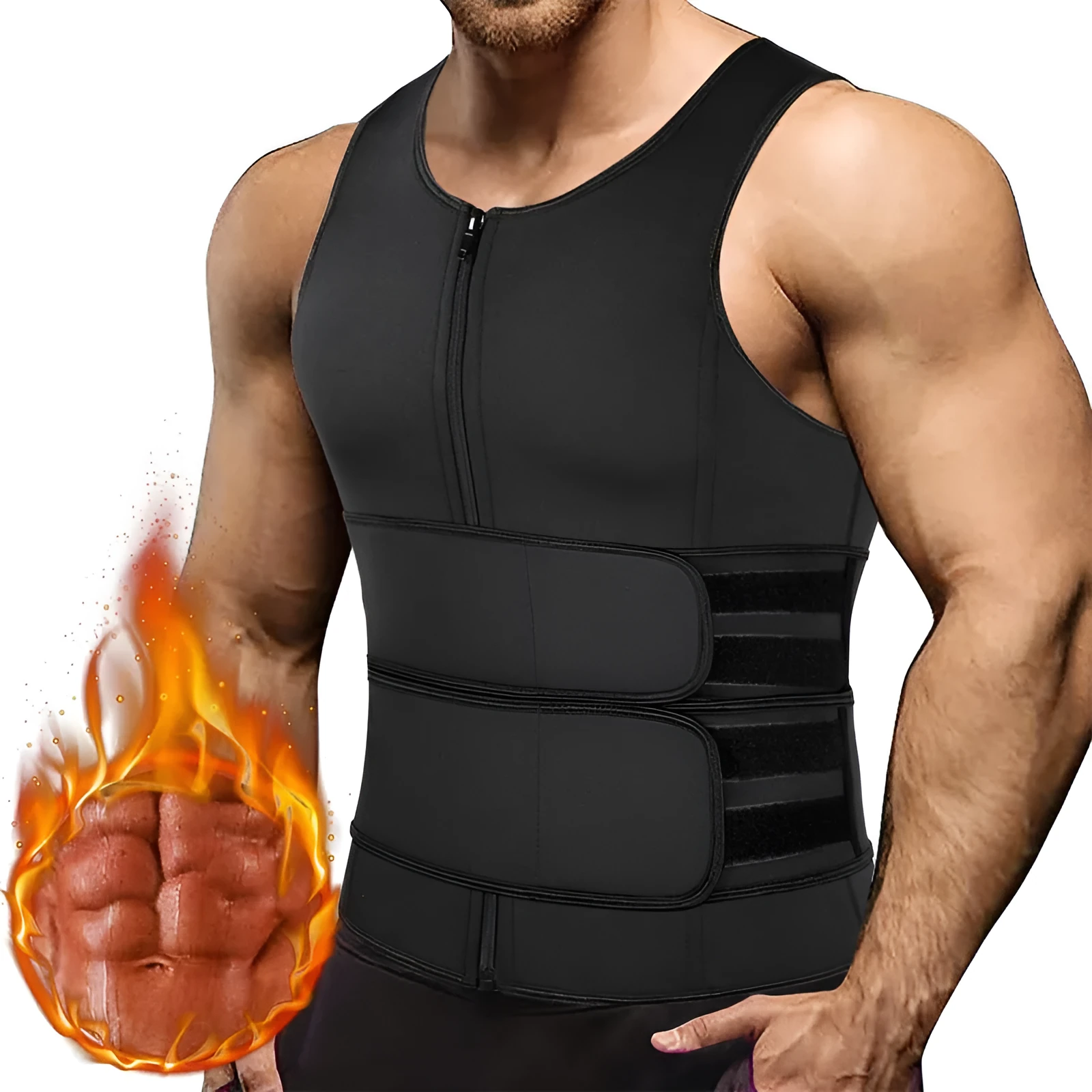 Men's black waist trainer tank top shapewear with four steel bones, high elastic fibre, and neoprene core