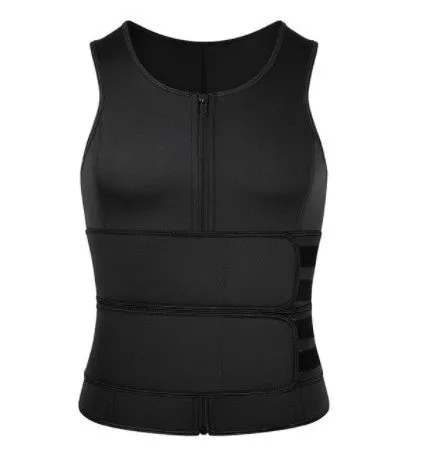 Men's black waist trainer tank top shapewear with four steel bones, high elastic fibre, and neoprene core