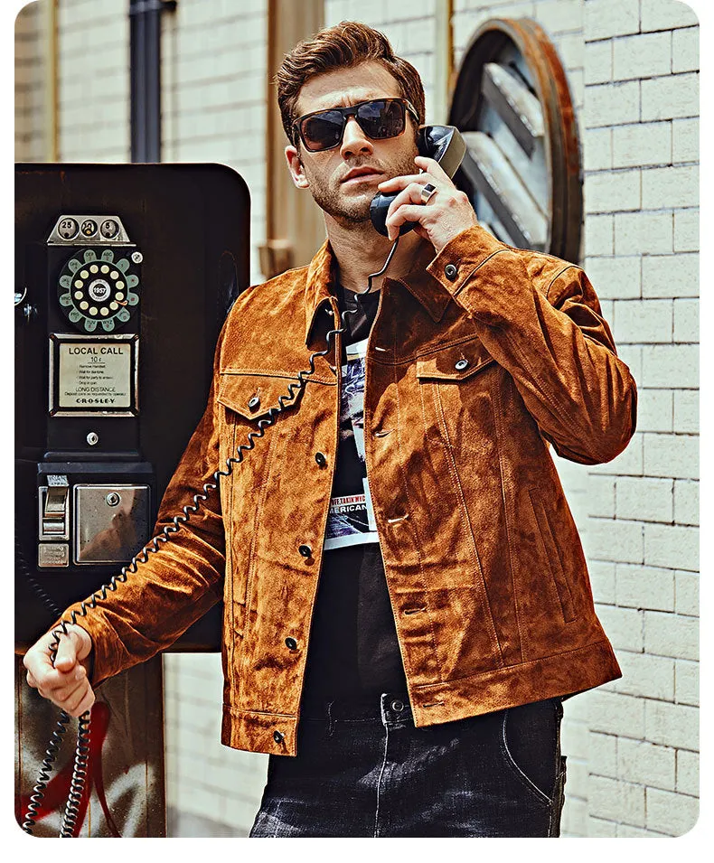 Men's brown pig skin leather biker jacket with zip front and pockets, American casual style