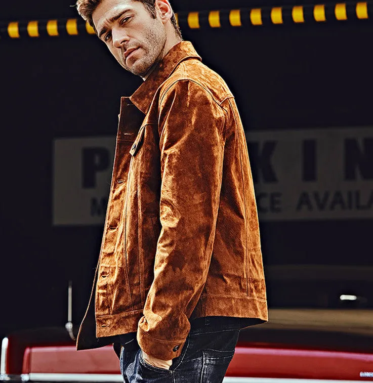 Men's brown pig skin leather biker jacket with zip front and pockets, American casual style