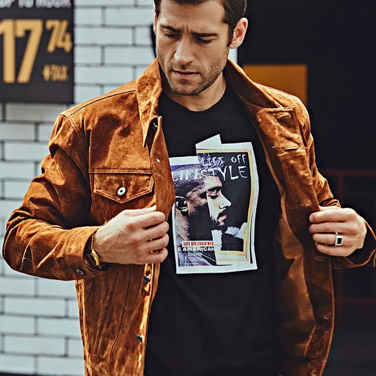 Men's brown pig skin leather biker jacket with zip front and pockets, American casual style