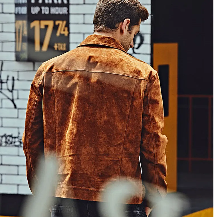Men's brown pig skin leather biker jacket with zip front and pockets, American casual style