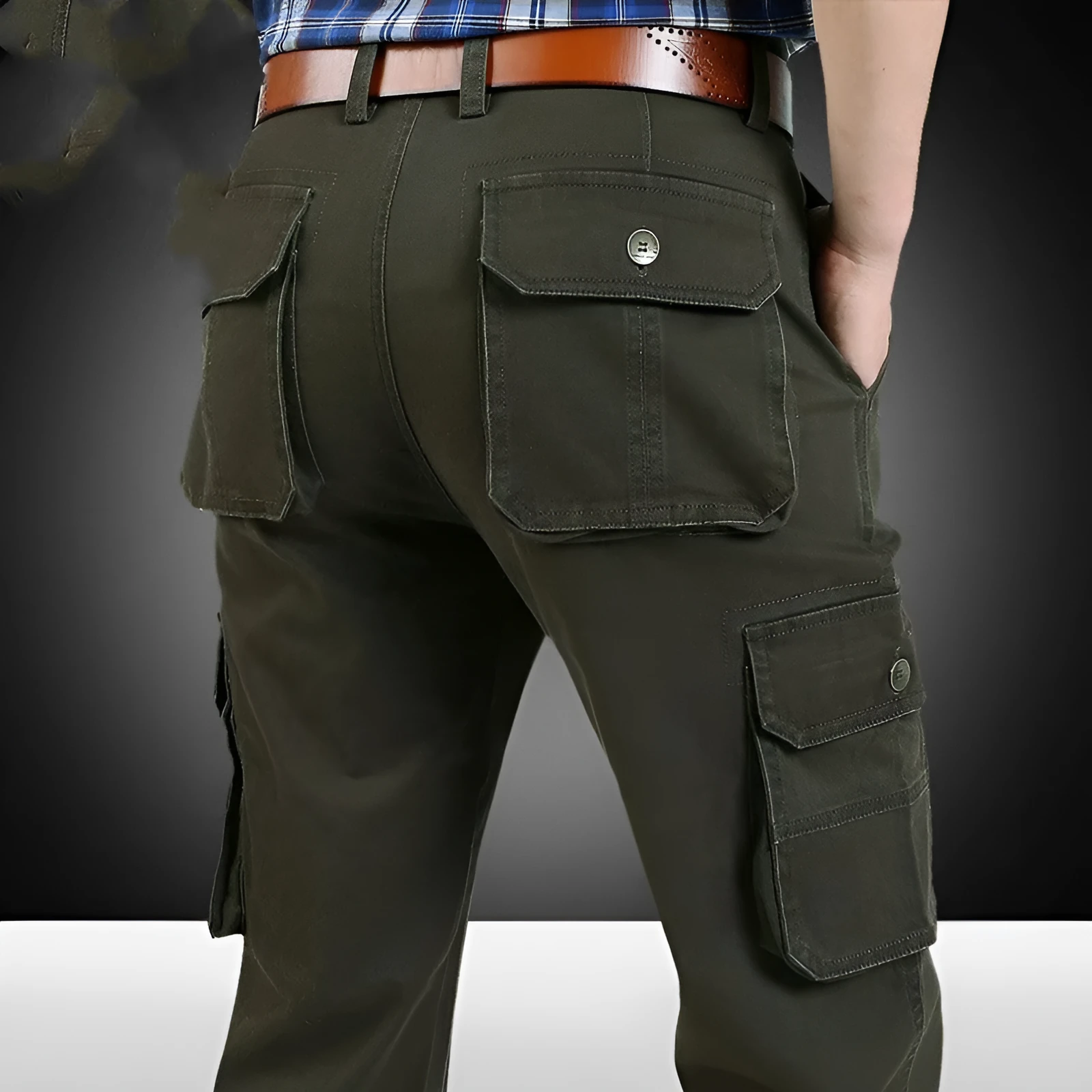 Men's straight leg casual trousers in khaki with multiple pockets, side view on a white background