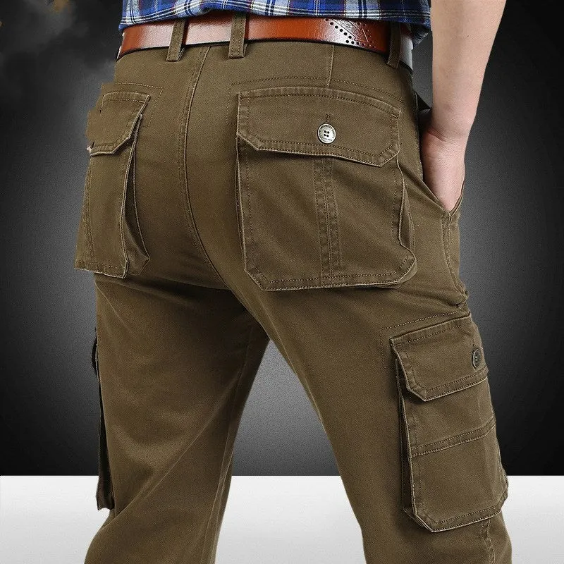 Men's straight leg casual trousers in khaki with multiple pockets, side view on a white background