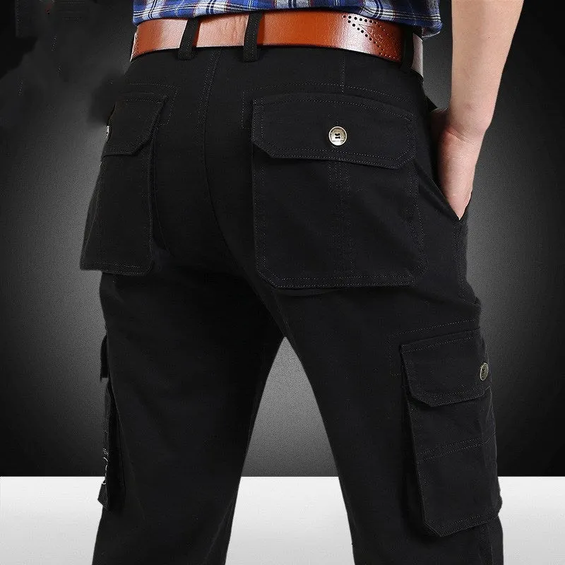 Men's straight leg casual trousers in khaki with multiple pockets, side view on a white background