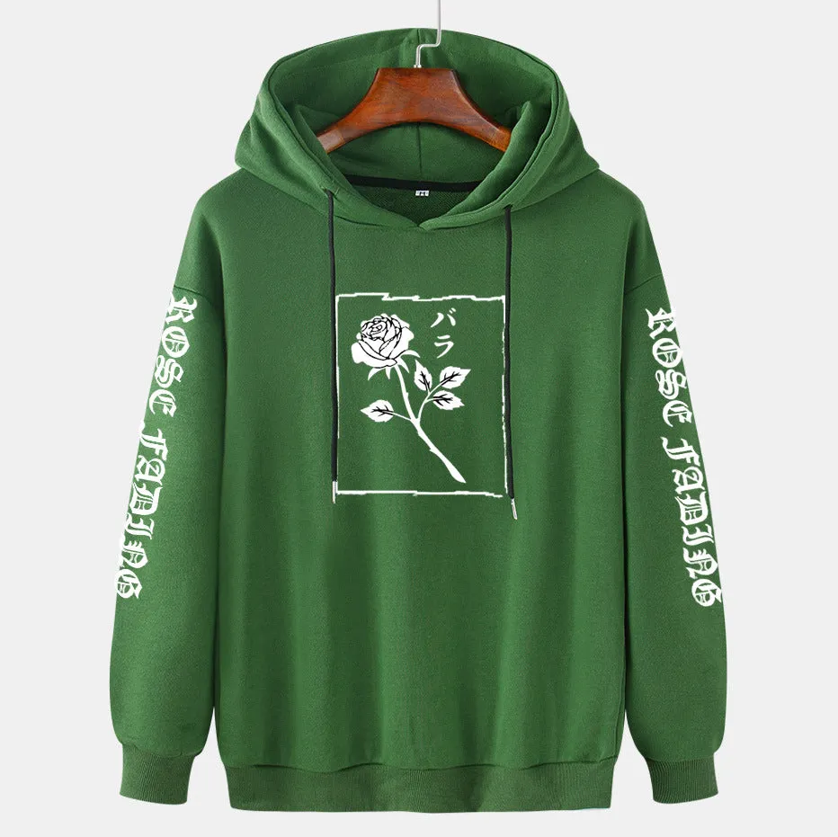 Men's cotton pullover hoodie in loose fit, long sleeves, available in black, gray, green, red – side view showing hood and simple style