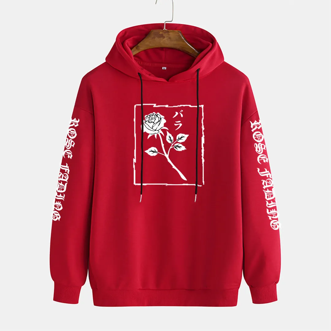 Men's cotton pullover hoodie in loose fit, long sleeves, available in black, gray, green, red – side view showing hood and simple style