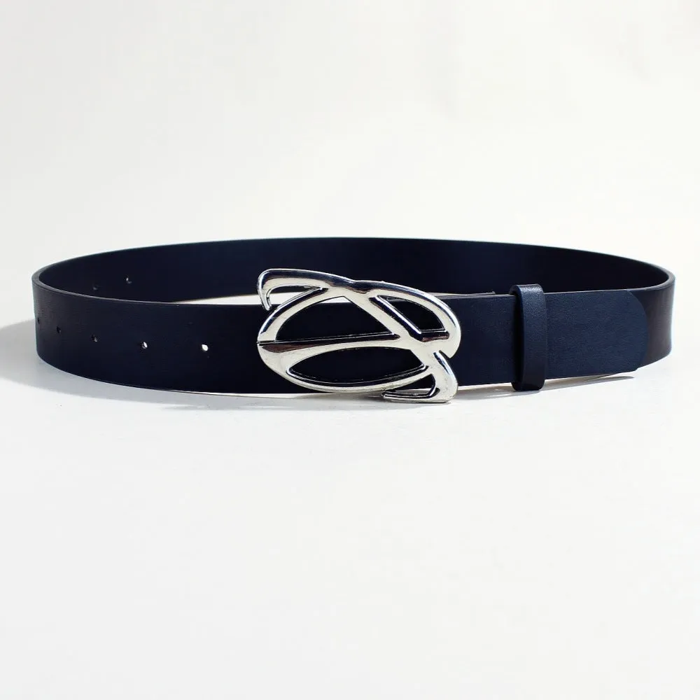 Men's casual silver buckle PU leather belt with snap button fastening.