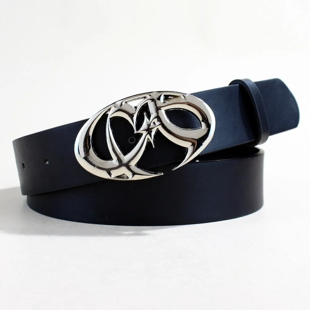 Men's casual silver buckle PU leather belt with snap button fastening.