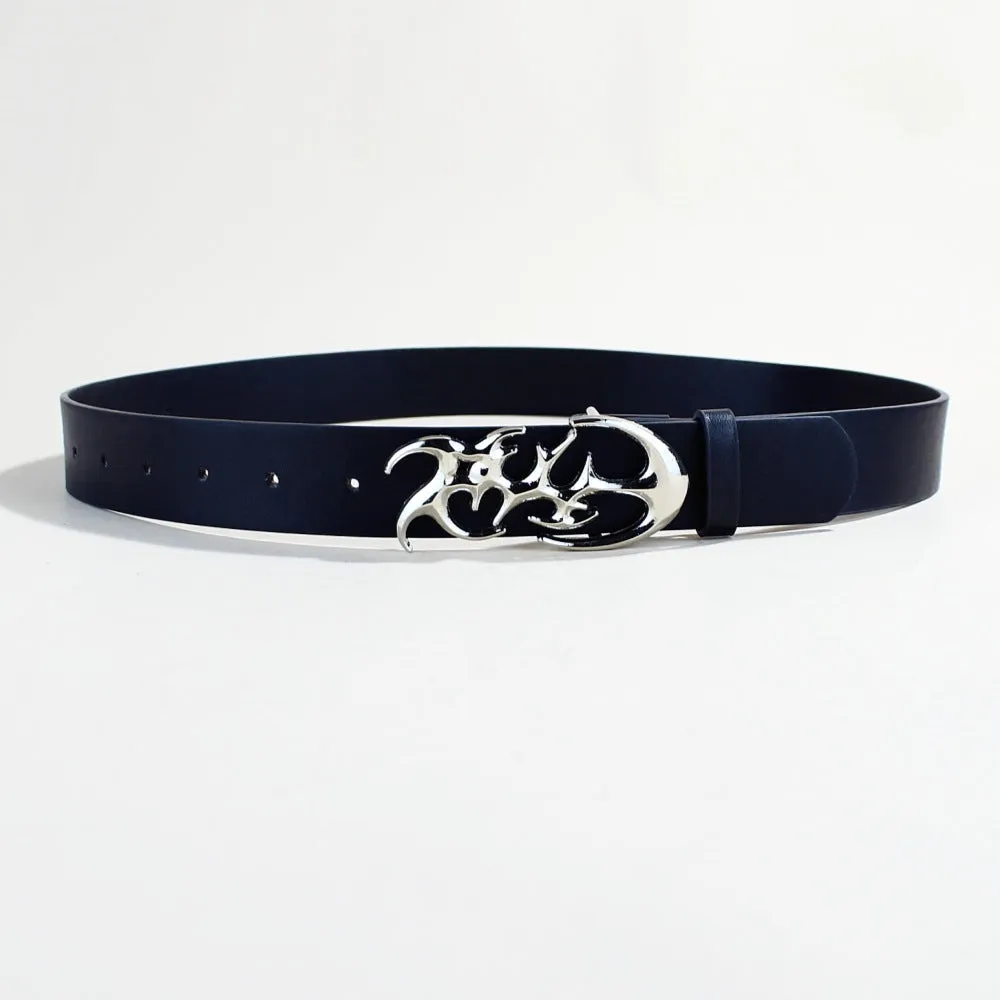 Men's casual silver buckle PU leather belt with snap button fastening.