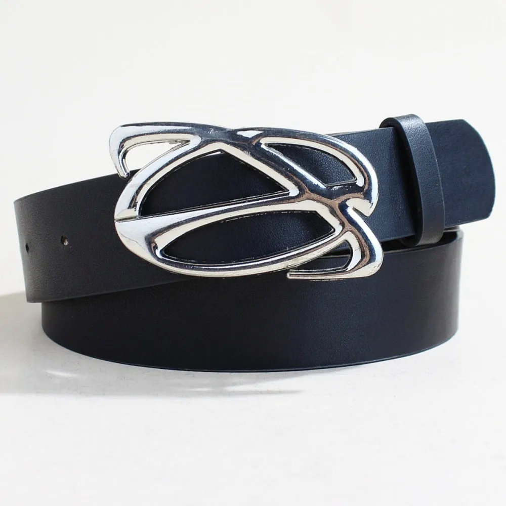 Men's casual silver buckle PU leather belt with snap button fastening.