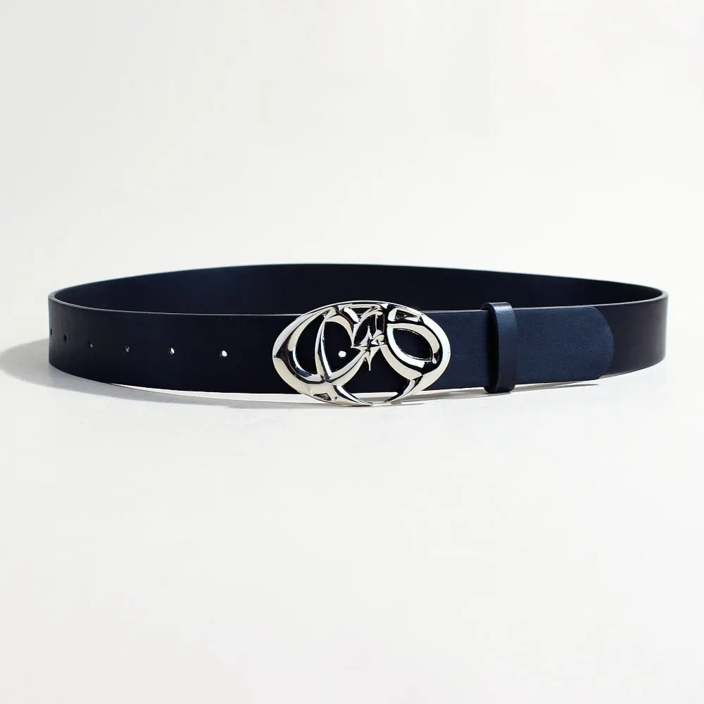 Men's casual silver buckle PU leather belt with snap button fastening.