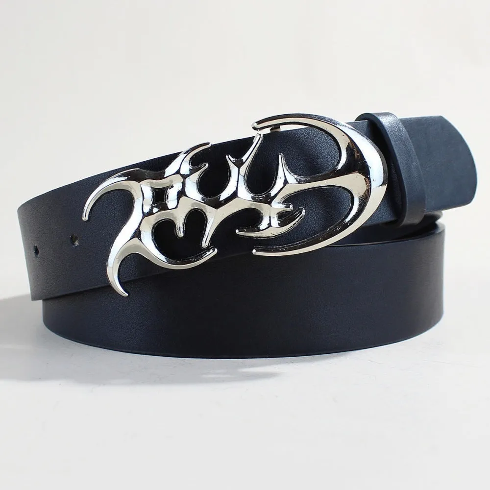 Men's casual silver buckle PU leather belt with snap button fastening.