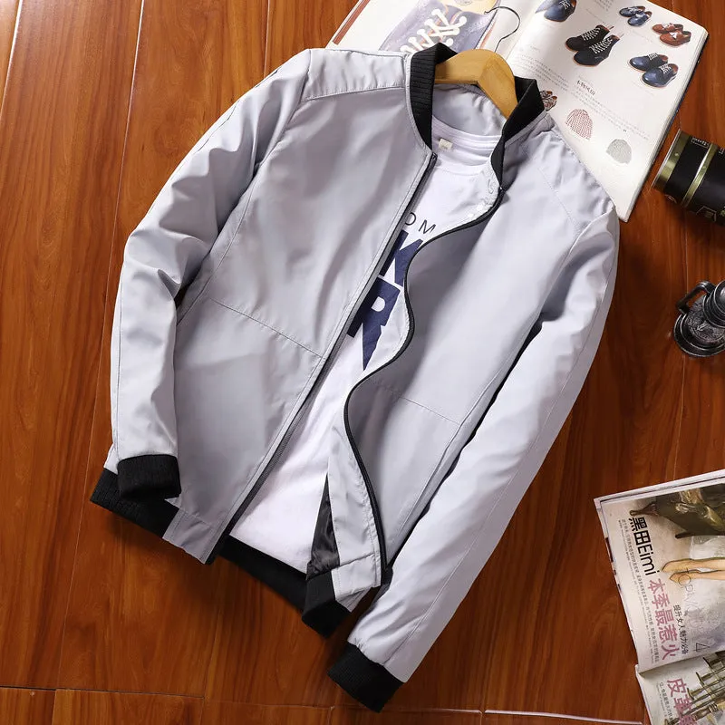 Men's spring slim baseball jacket in dark blue with zip closure