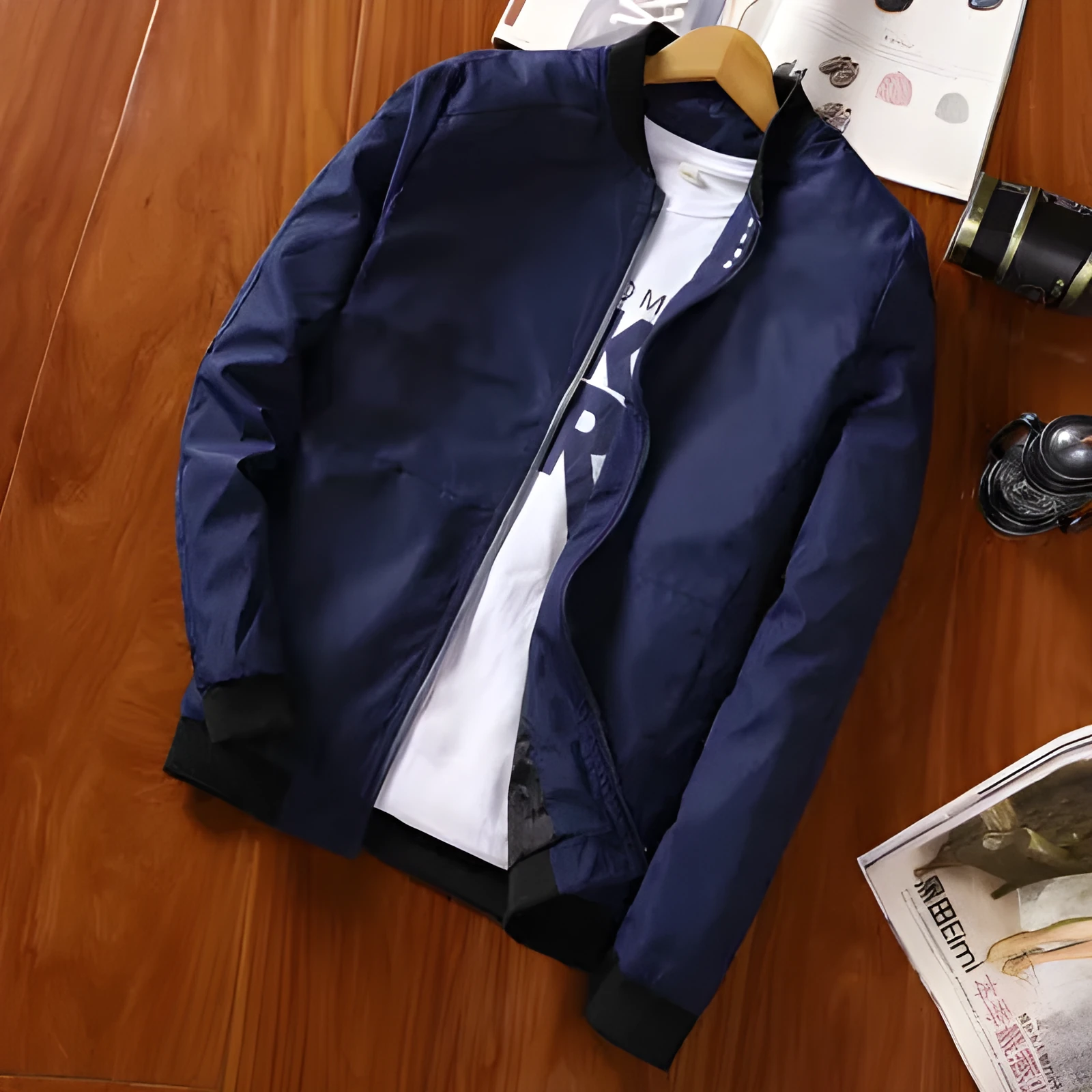 Men's spring slim baseball jacket in dark blue with zip closure