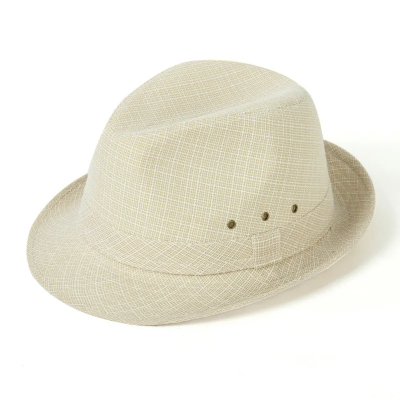 Men's classic fedora hat in suit material showing centre crease crown and flat brim.