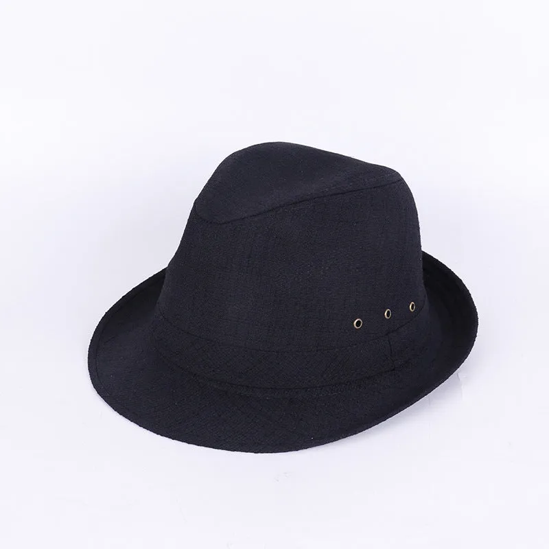 Men's classic fedora hat in suit material showing centre crease crown and flat brim.