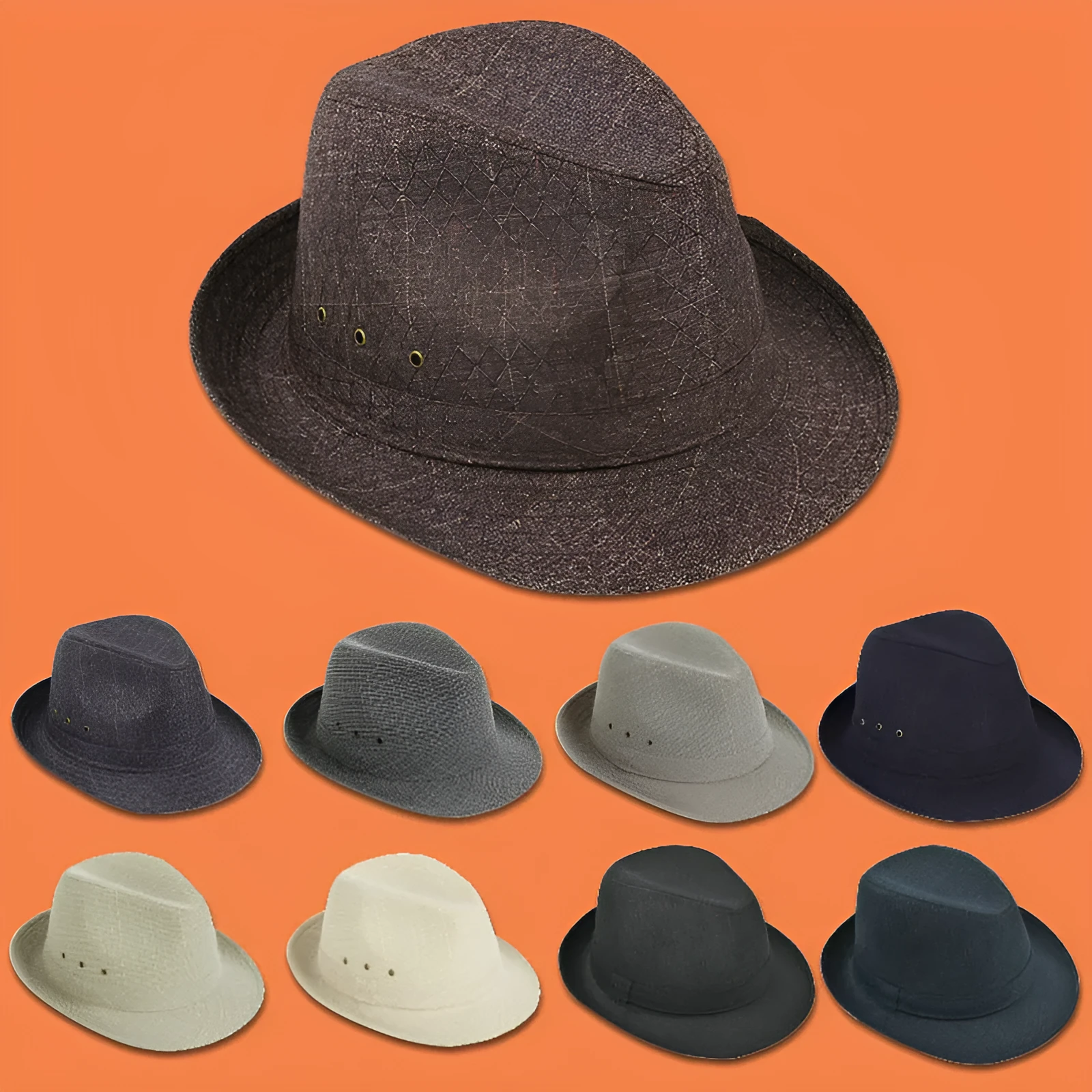 Men's classic fedora hat in suit material showing centre crease crown and flat brim.