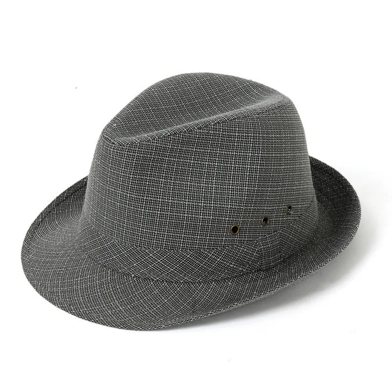 Men's classic fedora hat in suit material showing centre crease crown and flat brim.