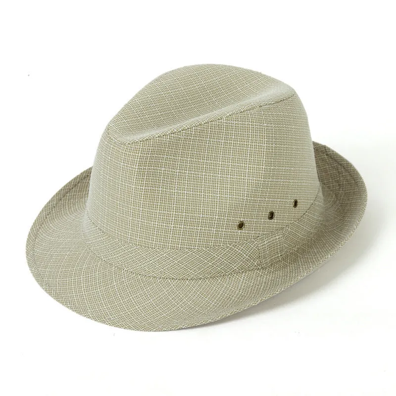 Men's classic fedora hat in suit material showing centre crease crown and flat brim.