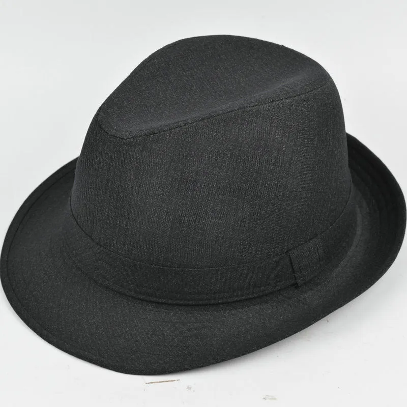Men's classic fedora hat in suit material showing centre crease crown and flat brim.