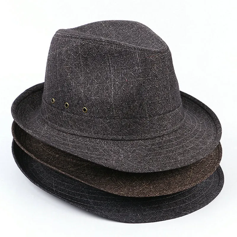 Men's classic fedora hat in suit material showing centre crease crown and flat brim.