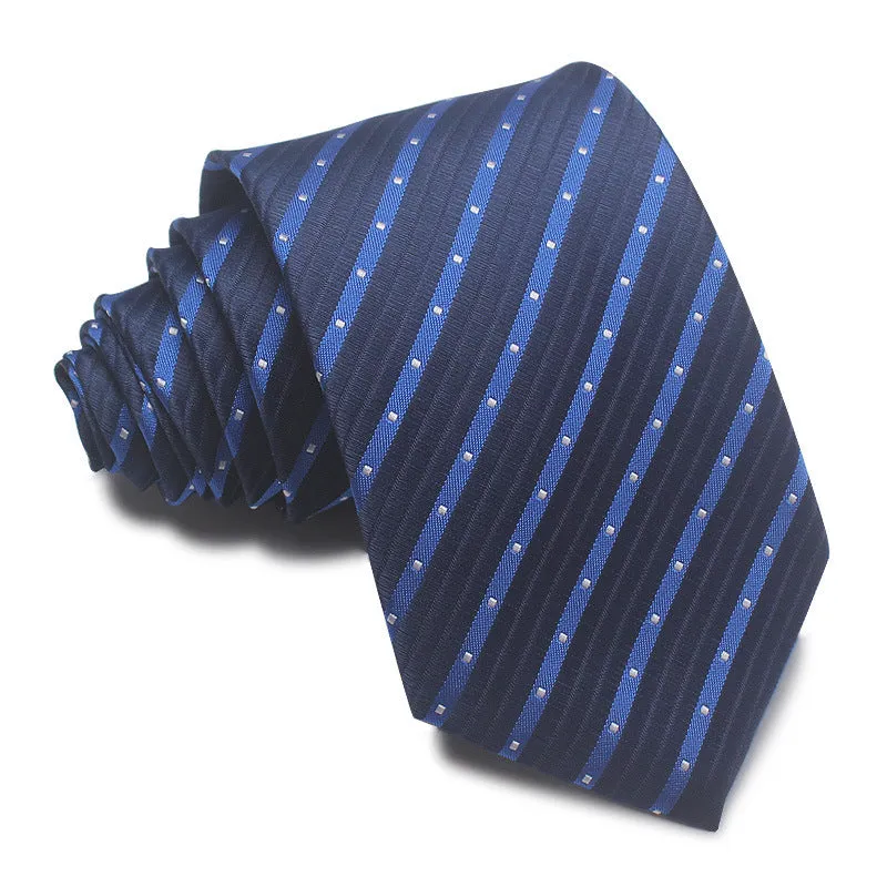 Men's red, black, and blue striped polyester tie with jacquard texture, shown with an 8cm width.