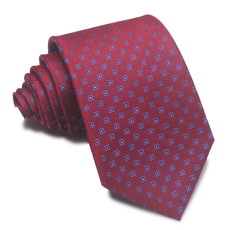 Men's red, black, and blue striped polyester tie with jacquard texture, shown with an 8cm width.