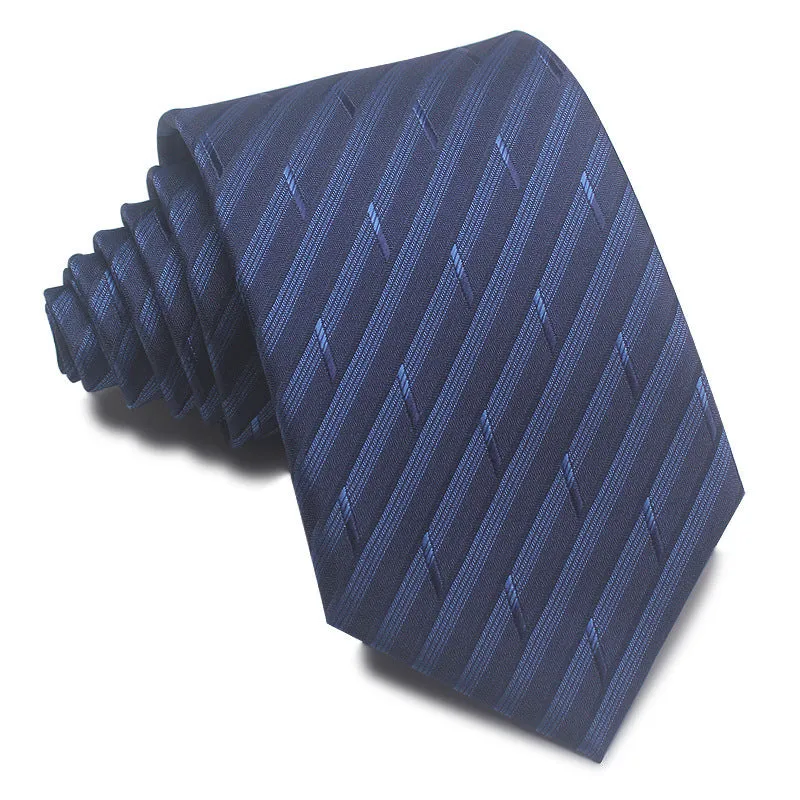 Men's red, black, and blue striped polyester tie with jacquard texture, shown with an 8cm width.