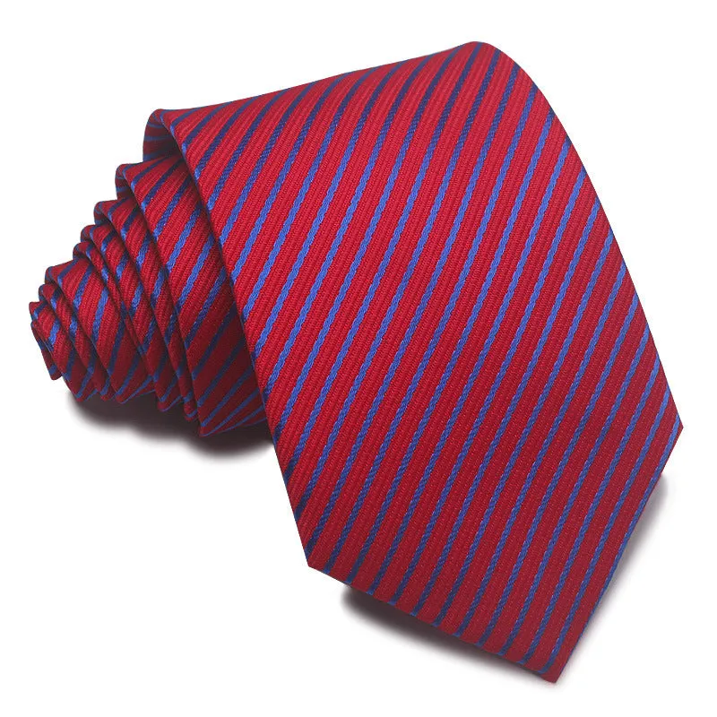 Men's red, black, and blue striped polyester tie with jacquard texture, shown with an 8cm width.