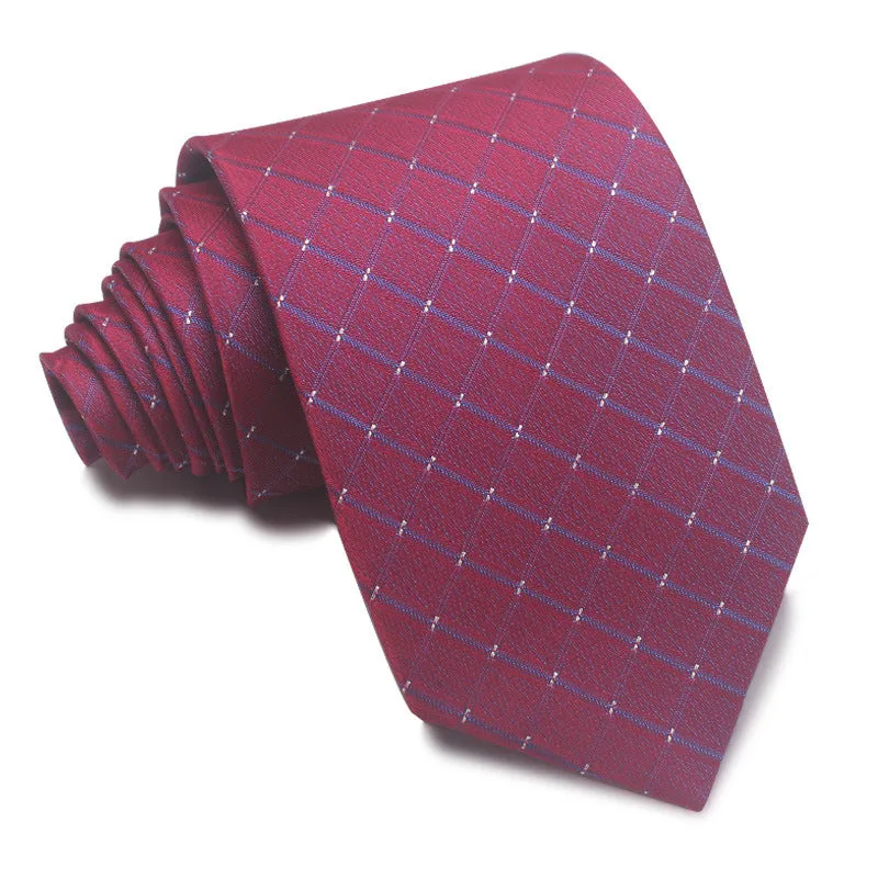 Men's red, black, and blue striped polyester tie with jacquard texture, shown with an 8cm width.