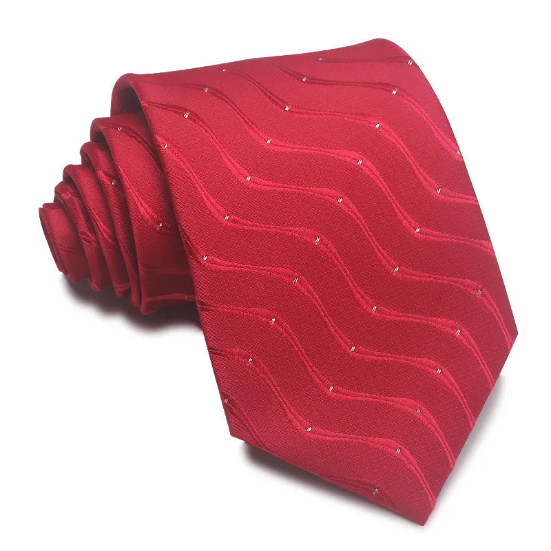 Men's red, black, and blue striped polyester tie with jacquard texture, shown with an 8cm width.
