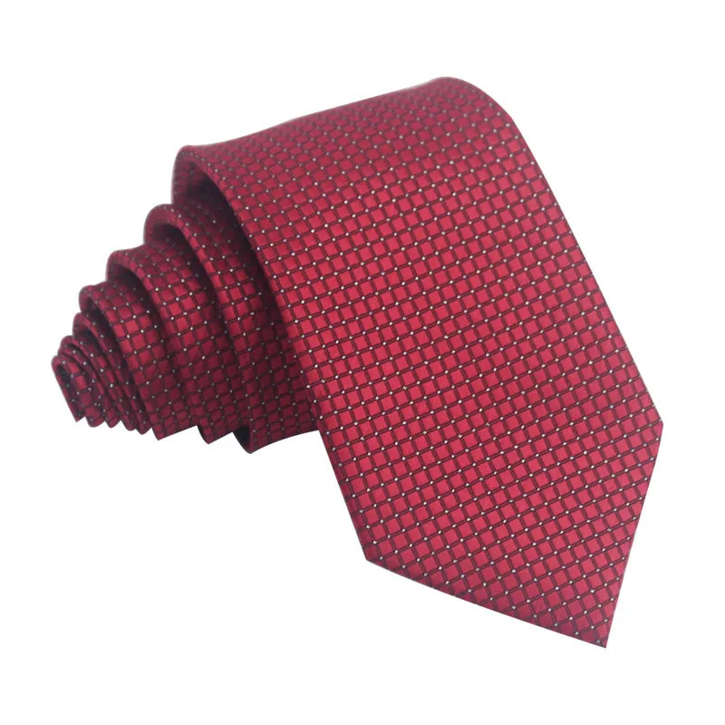 Men's red, black, and blue striped polyester tie with jacquard texture, shown with an 8cm width.