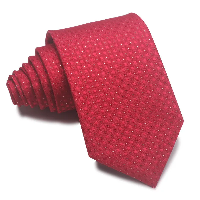 Men's red, black, and blue striped polyester tie with jacquard texture, shown with an 8cm width.