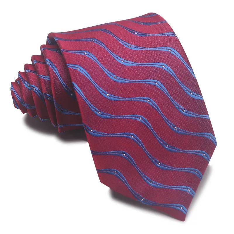 Men's red, black, and blue striped polyester tie with jacquard texture, shown with an 8cm width.